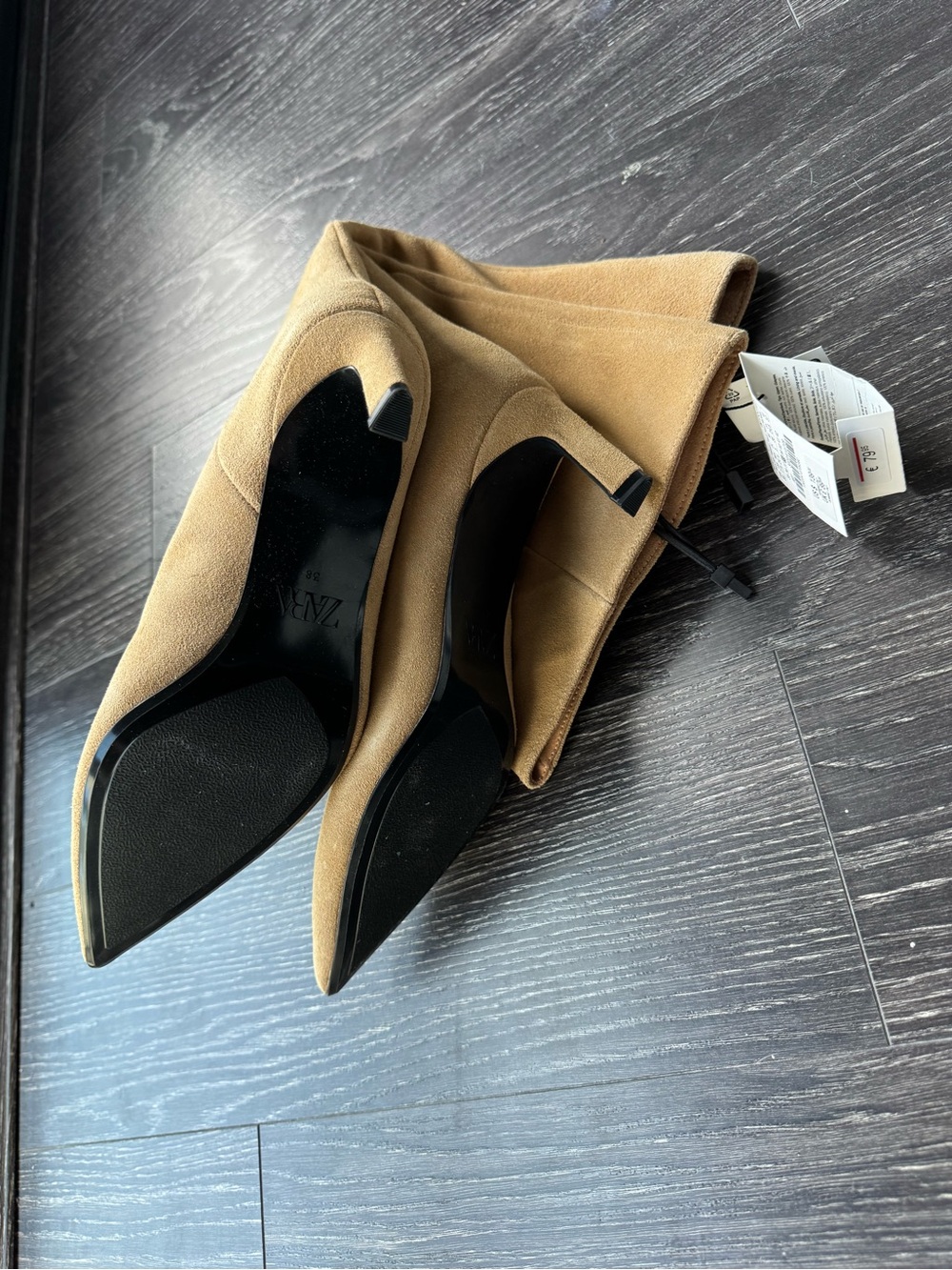 Zara Knee-High Pointed-Toe Suede Boots in Tan NWT - Picture 5 of 5